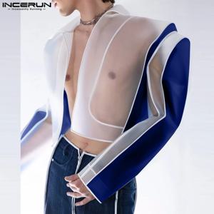 INCERUN 탑 아메리칸 스타일 패션 남성 성격 접합 대비 색 정장 코트 캐주얼 streetwear 남성 긴팔 블레이저