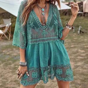 수영복 여자 2024 섹시한 해변 커버 v 넥 여성 비치 튜닉 드레스 Sarong 비키니 커버 여성용 Beachwear 크로 셰 뜨개질 탑