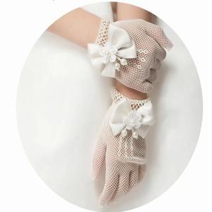 여아용 화이트 레이스 인조 진주 어망 장갑, 성찬식 꽃 소녀 신부 파티 예식 액세서리, 1 쌍