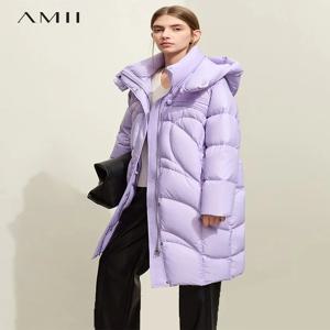 AMII 미니멀리스트 2024 여성 덕다운 스탠드 업 칼라 후드 다운 재킷, 캐주얼 루즈핏, 푹신하고 따뜻한 롱 코트, 12344036 겨울 신상