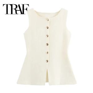 TRAF 2024 여성 니트 조끼 탑 여성 단추 민소매 조끼 여성 여름 니트 여성 맞춤형 조끼 우아한 여성 코트