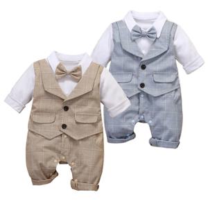 3-24M 공식 기념일 드레스 유아 어린이 면화 파티 정장 유아 격자 무늬 복장 신생아 소년 조끼 Romper 아기 생일