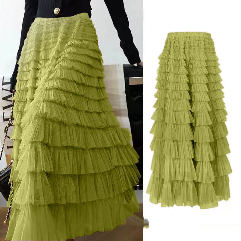 여름 봄 여성 다층 프릴 Tulle 스커트 Pleated High 허리 푹신한 맥시 스커트 요정 케이크 드레스 긴 투투 파티 스커트