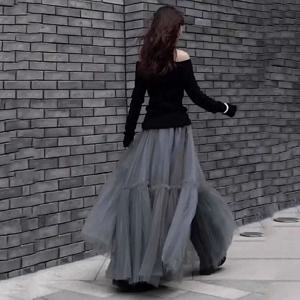 여성용 다층 프릴 Tulle 스커트 Pleated High 허리 푹신한 맥시 스커트 페어리 케이크 드레스 롱 투투 파티 스커트