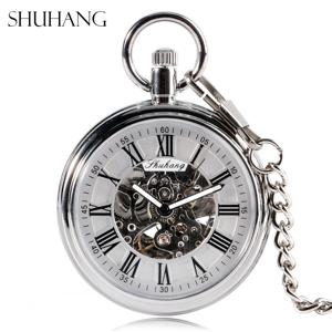 SHUHANG 새로운 정비공 시계 2017 남자 자동 자기 와인딩 회중 시계 실버 로마 숫자와 간단한 오픈 페이스 체인 펜던트