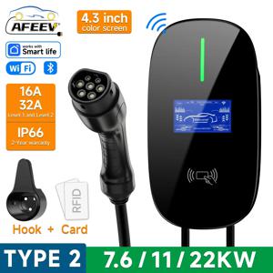 AFEEV 22KW 32A 3상 EV 충전소 Type2 IEC62196-2 CEE 플러그 7.6KW/11KW 16A Wallbox 벽걸이 형 충전기 WiFi APP 제어