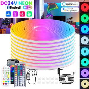와이파이 블루투스 RGB 네온 LED 스트립, 24V 24 키, 44 키 리모컨, EU US UK AU 전원 키트, 방수, 5m, 10m, 20m, 30m, 60LED/m