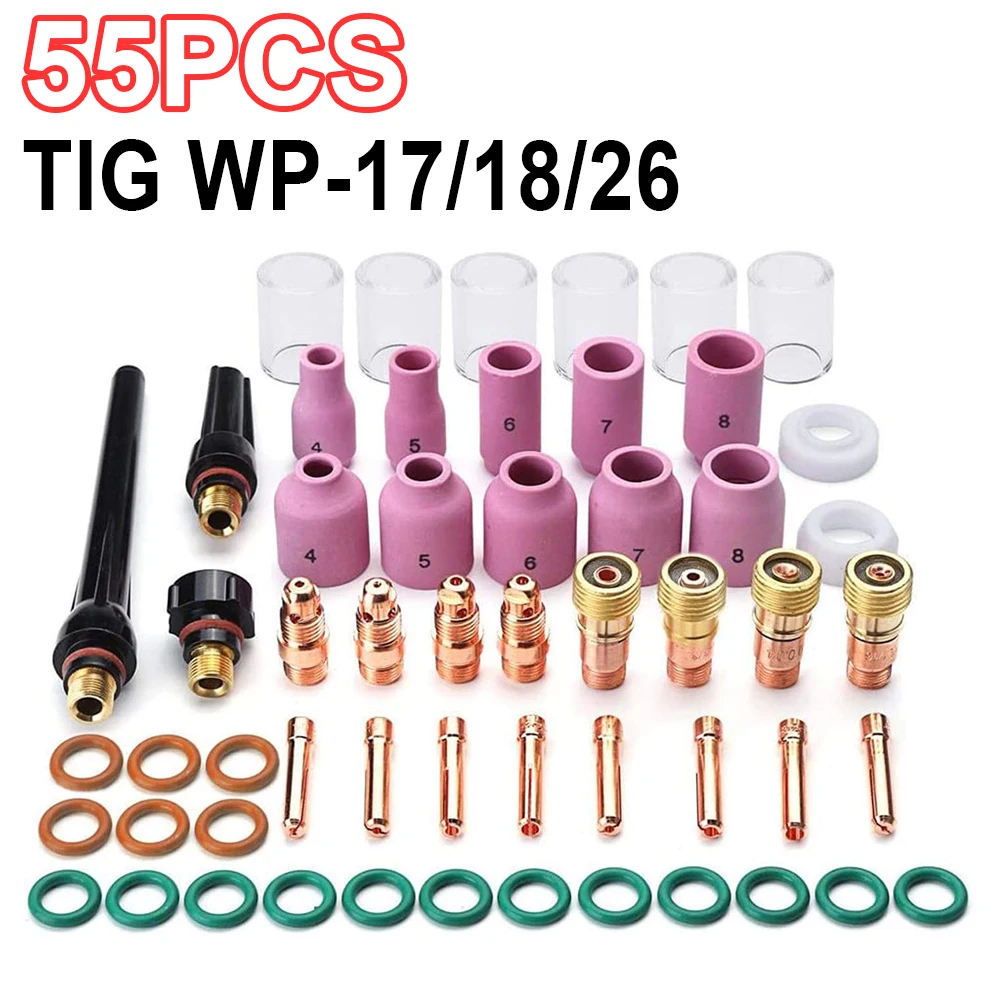 55pcs TIG 용접 토치 노즐 링 커버 가스 렌즈 유리 컵 키트 TIG WP-17/18/26 고온 내구성 실용 액세서리