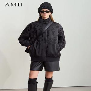 Amii 여성용 더블 넥 다운 슬리브 자카드 솔리드 야구 재킷, 두꺼운 파카, 2024 겨울 캐주얼 루즈 코트, 12444198