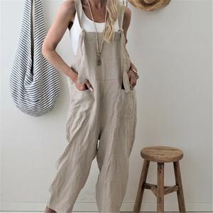 여성 Dungarees 하렘 스트랩 바지 루즈한 점프 슈트 헐렁한 바지 오버올 턱받이 바지 바디 슈트 여성 캐주얼 코튼 린넨 점프 슈트