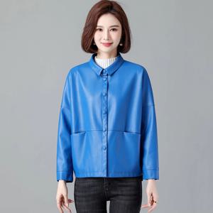 새로운 여성 캐주얼 루즈 가죽 재킷 봄 가을 패션 소형 턴다운 칼라 싱글 브레스트 짧은 스플릿 가죽 코트