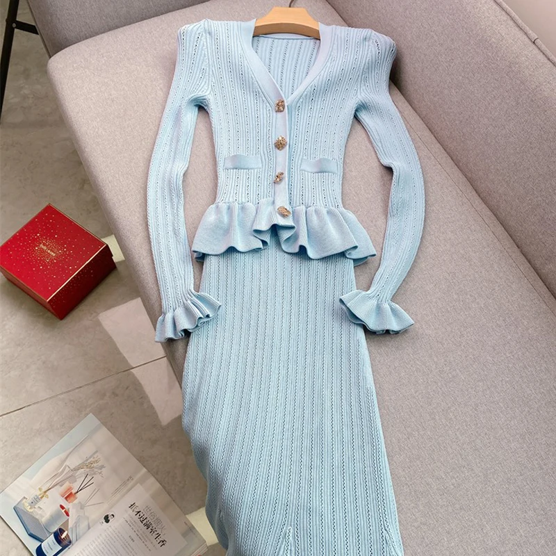 YuooMuoo 브랜드 패션 원피스 니트 맥시 드레스 여성 우아한 v 넥 프릴 슬림 허리 Bodycon 스웨터 드레스 파티 Vestido