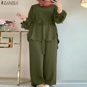 2024 ZANZEA 여성용 긴팔 블라우스 바지 정장, 아바야 히잡 운동복, 이슬람 의류, 빈티지 가을 무슬림 세트, 2 개