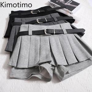 Kimotimo 여성용 반바지, 하이 웨이스트 벨트, 푹신한 플리츠 A 라인 반바지, 한국 패션, 섹시한 Y2k, 올 매치 의류, 가을, 겨울