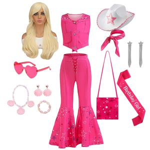 영화 핑크 3PCS 어린이를위한 설정 소녀 Barbi 격자 무늬 Vestidos 멋진 생일 코스프레 탑 + 바지 + 스카프 플레어 바지 무대 공연