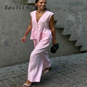 Loose Pink Cotton Linen 2 Piece Set Women Summer Chic Outfit 2025 New Fashion Sleeveless Tank Top With High Waist Wide Pants Set
