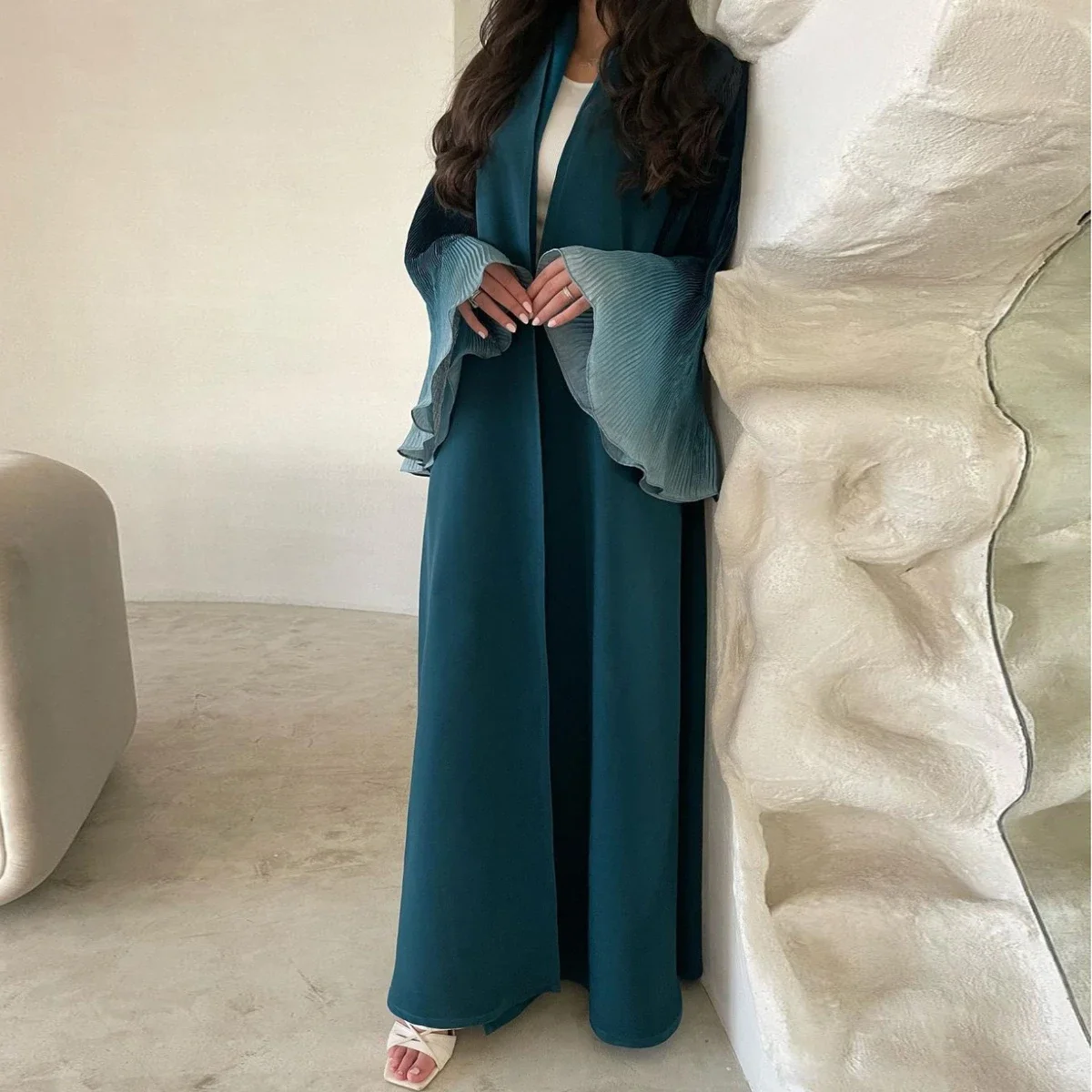 이슬람 플레어 슬리브 캐주얼 아라비안 Abayas 중동 우아한 오픈 프론트 Abaya 터키 Kaftans 여성 Jilbabs 이슬람 맥시 드레스