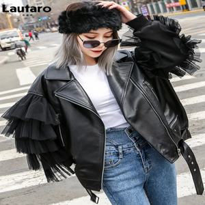 Lautaro 가을 짧은 검은 색 대형 레이스 패치 워크 가죽 바이커 자켓 긴 소매 느슨한 여성 의류 유행 겉옷