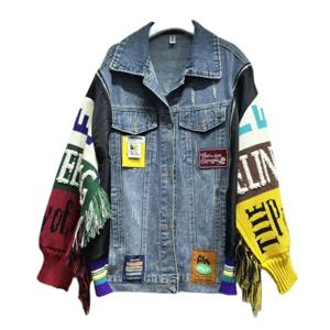 여성 편지 배지 자수 데님 코트 니트 스플 라이스 슬리브 스웨터 Tassels 청바지 자켓 streetwear 카디건 탑 chaquetas