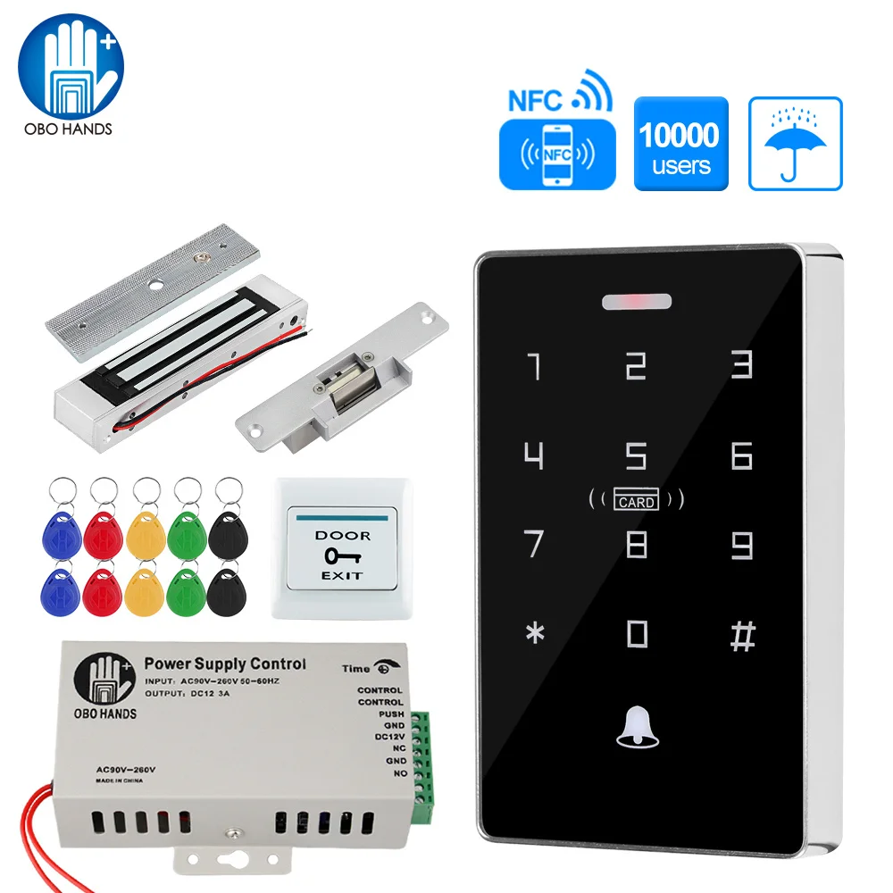 야외 액세스 제어 시스템 키트 세트 방수 RFID 키패드 125KHz 13.56MHz NFC + 180KG 전기 자기 잠금 장치 스트라이크 잠금 장치