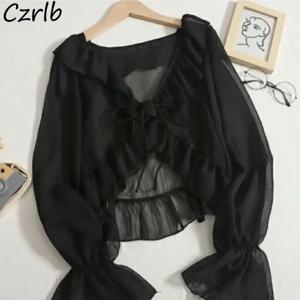 여성용 레이스업 블라우스, 얇은 트렌디 긴팔, 레저, 스위트 걸스, 올 매치, 한국 스타일, 부드러운 스트리트웨어, 인스타그램, 여름 신상 디자인
