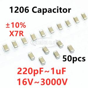 50pcs 1206 SMD 커패시터 220/330/470/680PF 1/2.2/4.7/10/15/22/27/33/47/68/100/120/150/220/270/330/470/680NF 1UF 10% X7R