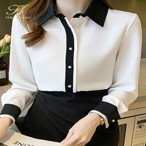 H Han Queen 대비 색 단일 행 진주 버클 오피스 블라우스 여성 셔츠 긴 소매 캐주얼 탑 가을 여성 루즈 블라우스