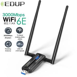 EDUP 3000Mbps WiFi 6E 무선 네트워크 카드 USB 3.0 WiFi 어댑터 트라이 밴드 2.4/5/6G Win 11/10 용 고 이득 안테나 Wifi 수신기