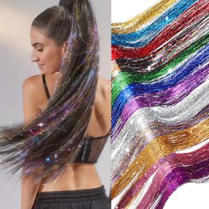 36/48 인치 스파클 헤어 틴셀 레인보우 컬러 스트랜드 소녀 모자를 쓰고 있죠 Hairbinge 헤어 레이저 거짓 헤어 익스텐션 장식 반짝이