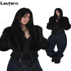 Lautaro 용수철 겨울 짧은 블랙 소프트 두껍고 따뜻한 털 인조 모피 코트, 지퍼 업 럭셔리 디자이너 의류, 푹신한 재킷 2025