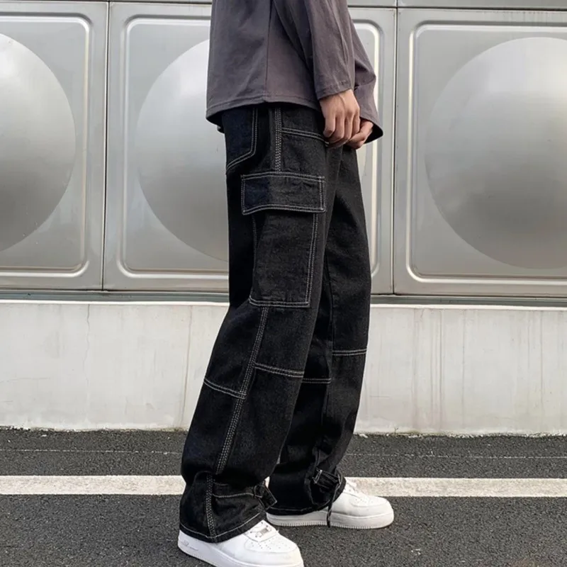카고 청바지 남성 와이드 레그 청바지 힙합 캐주얼 남성 스트레이트 헐렁한 데님 바지 streetwear 스케이트 보드 바지 중립 바지
