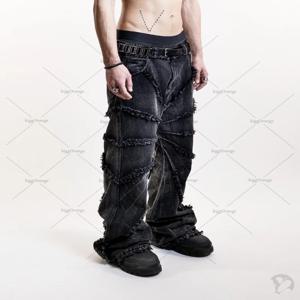 Y2K 펑크 블랙 아메리칸 스트리트 락 레트로 하이 웨스트 오버 사이즈 청바지 남성 2023 New Raw Edge Washed Straight Wide Leg Trousers Men