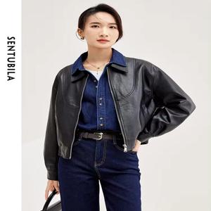 SENTUBILA 여성용 블랙 PU 가죽 크롭 재킷, 집업 라펠 인조 가죽 봄버 재킷, 가을 겨울 아우터, W33G50291, 2023
