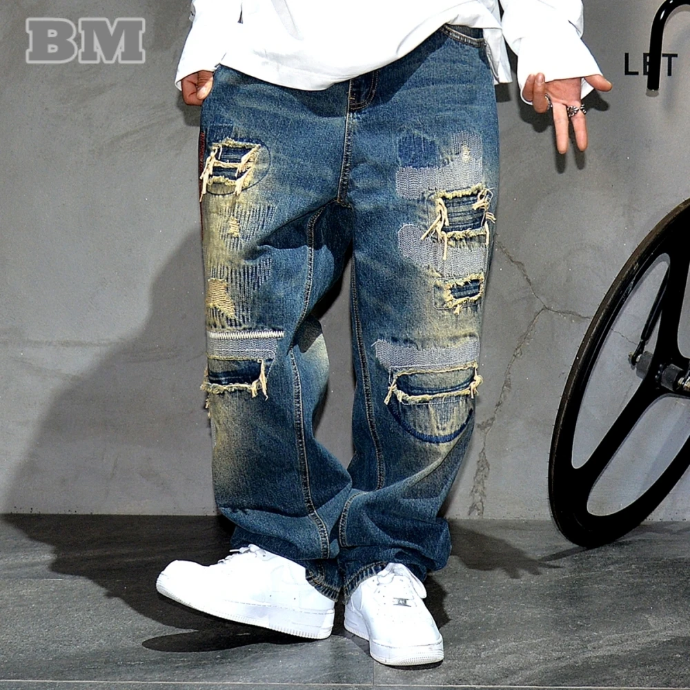 미국 streetwear 찢어진 패치 청바지 힙합 헐렁한 청바지 남성 의류 빈티지 데님 카고 바지 일본 하라주쿠 바지