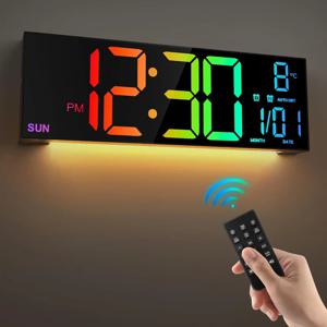 16.2'' 원격 제어 기능이 있는 대형 디지털 벽시계 대형 LED/듀얼 알람/8 RGB 색상 디지털 알람 시계 전자 시계