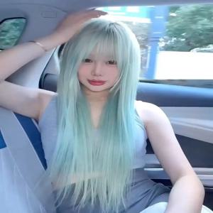 합성 가발 민트 그린, 민트 그린, 이마 레이스, 긴 스트레이트 헤어, 8 자 앞머리, 풀 세트 헤드