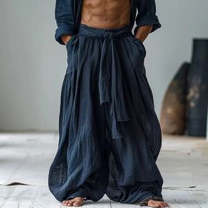 인디 포크 타이 업 streetwear 남성 바지 빈티지 단순 캐주얼 퓨어 코튼 린넨 신축성있는 허리 루즈 캐주얼 바지 빈티지 의상