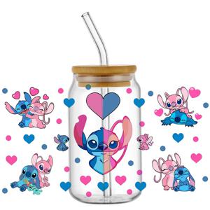 UV DTF 컵 머그 랩 Miniso 사랑스러운 만화 스티치 3D 전송 스티커 16oz Libbey 안경 컵 방수 DIY 스티커