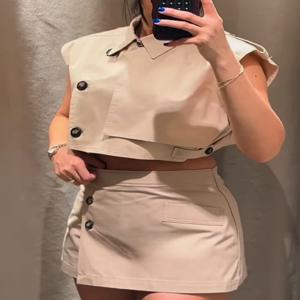 ZBZA 여성용 모터사이클 크롭 조끼 반바지 정장 옷깃 슬리브리스 싱글 브레스트 솔리드 컬러 캐주얼 모터사이클 상의 히든 지퍼 A라인 반바지 봄 여름 새로운 여성 세련된 세트