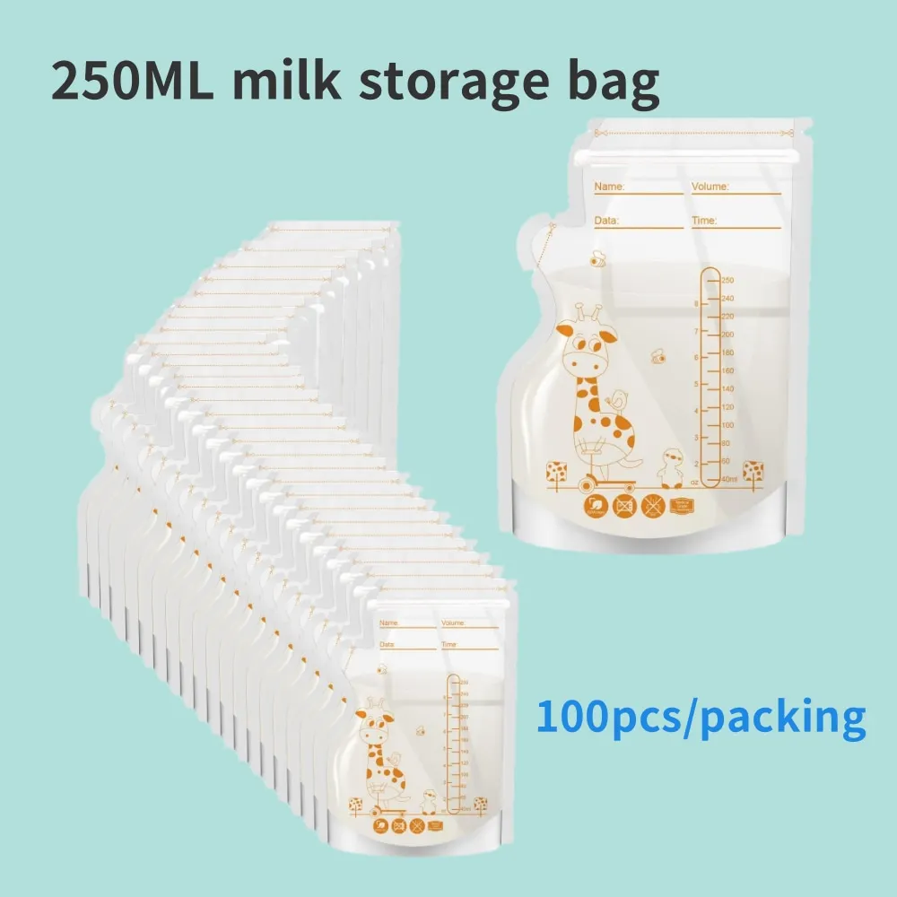 100 또는 50팩 일회용 모유 보관 가방 250ml 용량 병원 등급, 자립형, 간편한 주둥이