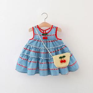 2 Pcs 아기 소녀의 새로운 여름 드레스 민소매 라운드 넥 격자 무늬 하트 체리 코튼 스커트와 대각선 크로스 가방 포함