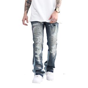 블루 스펙클 잉크 워시 플레어 청바지 남자 슬림 힙합 낙서 찢어진 데님 진 남자 streetwear 빈티지 와이드 레그 청바지 바지 y2k