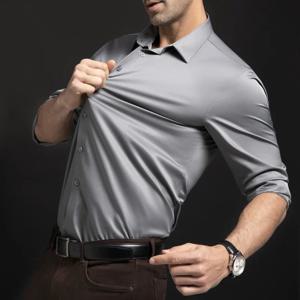 남성용 긴팔 주름 방지 비즈니스 정장 고급 정장 솔리드 컬러 셔츠와 실키한 비 다림질 셔츠