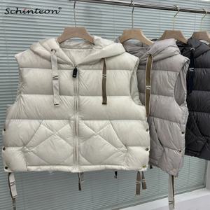 Schinteon 여성 90% 화이트 오리 다운 조끼 후드 캐주얼 민소매 자켓 단순 솔리드 컬러 세련된 가을 겨울 탑 New