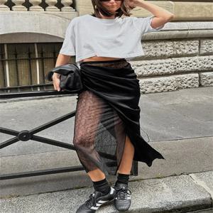 여성을위한 Tossy 블랙 레이스 여름 맥시 스커트 패치 워크 높은 허리 패션 PU 가죽 섹시한 streetwear 여성 Y2k 롱 스커트 2025