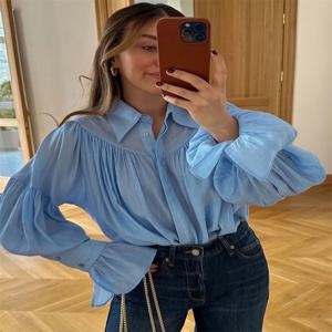Tossy Summer Ruffled Loose Shirts 여성용 카디건 옷깃 긴 소매 캐주얼 솔리드 시스루 블라우스 여성 Pleated Shirts New