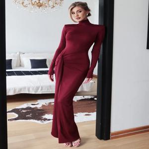 여성을위한 Tossy 패션 Pleated 붕대 긴 드레스 높은 허리 슬림 패치 워크 긴 소매 우아한 통근 여성 맥시 드레스 2025