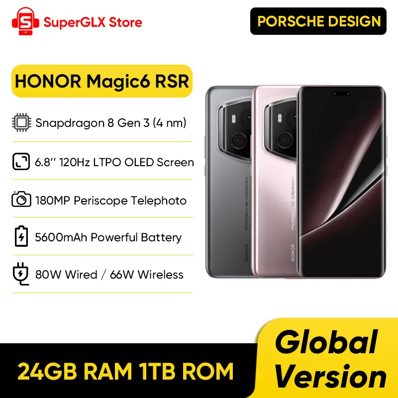 HONOR Magic6 RSR 포르쉐 디자인 5G 스마트폰 글로벌 버전, 6.8 인치 120Hz LTPO OLED 디스플레이, 최대 66W 무선 슈퍼차지 지원