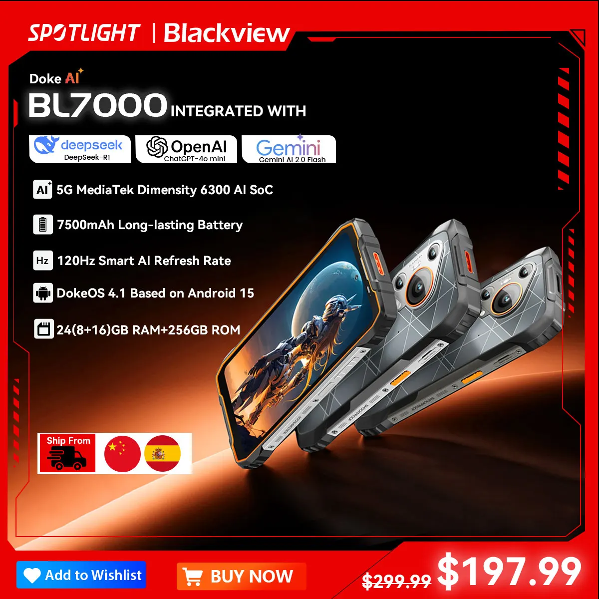 BLACKVIEW BL7000 5G AI 견고한 휴대폰 Deepseek GPT 안드로이드 15 스마트폰, 6.78인치 HD+2.4K 디스플레이 120Hz, 24(8+16)GB 256GB, 7500Amh