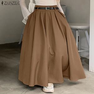 ZANZEA 여성 하이 웨스트 Jupe 한국어 Pleating 스윙 스커트 빈티지 패션 2024 봄 Office Falda Holiday Loose Solid Long 스커트
